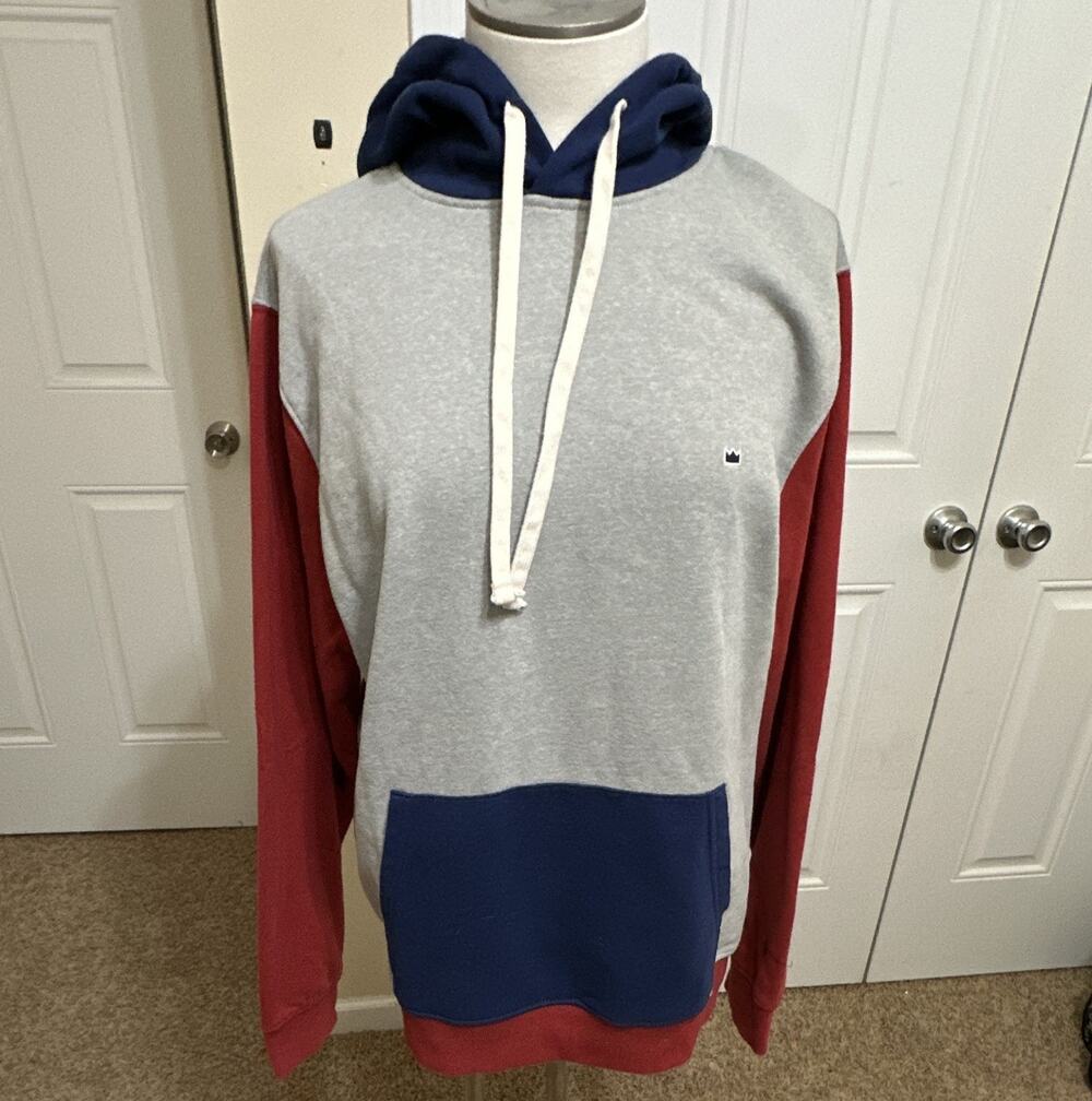 Crown & Ivy Men's L Gray Red Blue Fleece Pullover Hoodie Colorblock Logo
